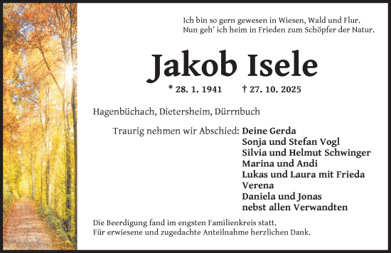 Traueranzeige von Jakob Isele von Neustadt/ Scheinfeld/ Uffenheim