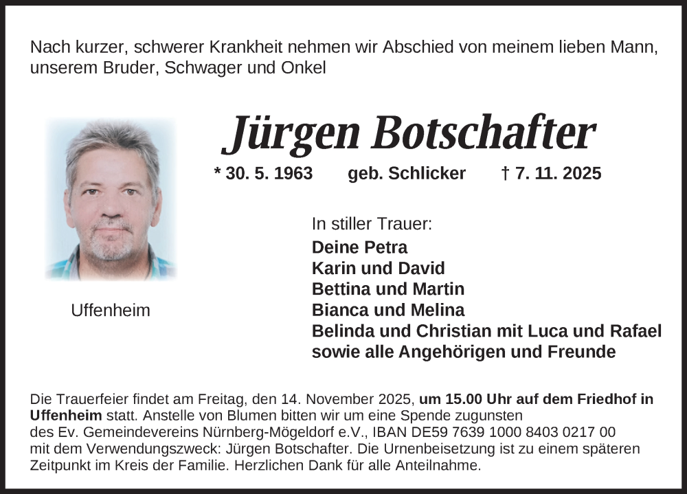  Traueranzeige für Jürgen Botschafter vom 12.11.2025 aus Neustadt/ Scheinfeld/ Uffenheim