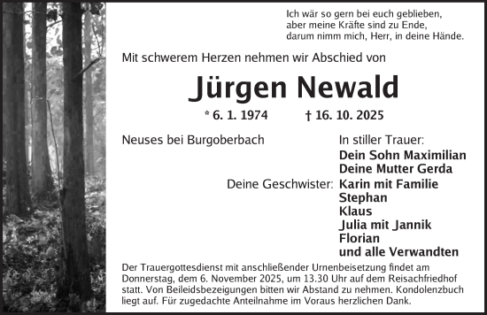 Traueranzeige von Jürgen Newald von Ansbach