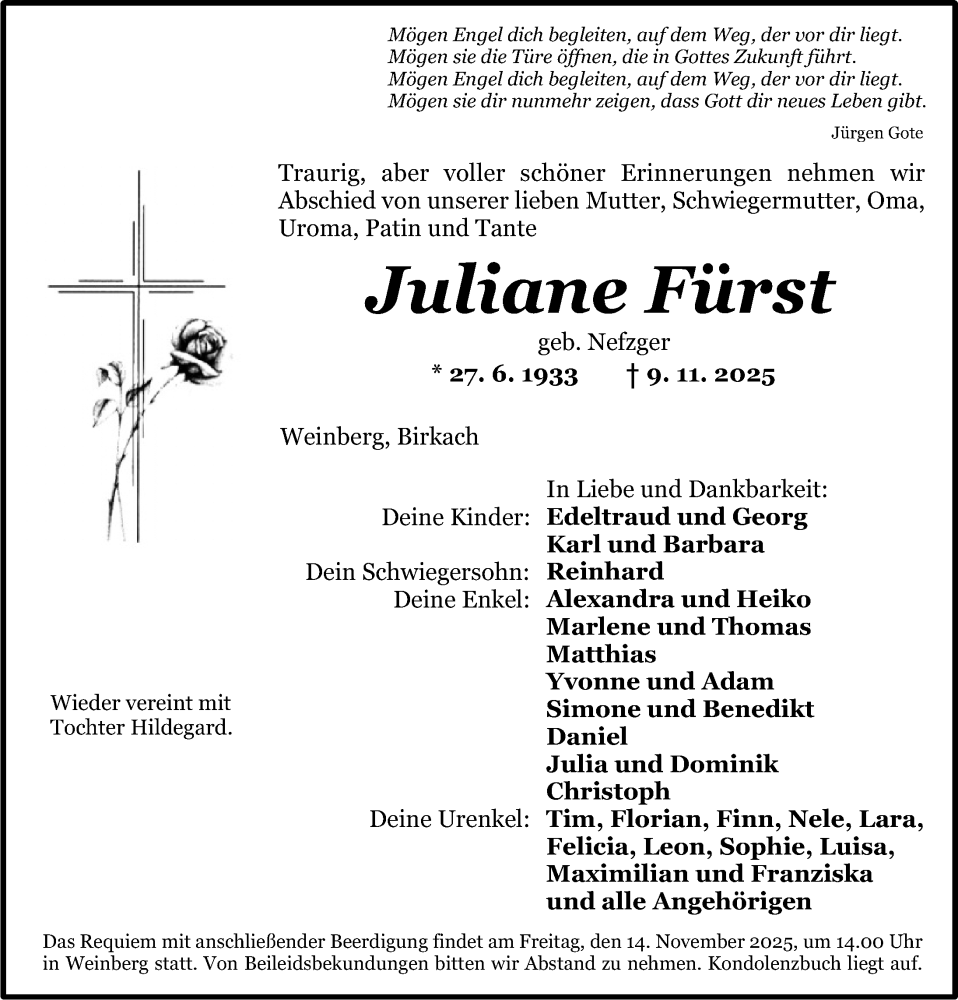  Traueranzeige für Juliane Fürst vom 12.11.2025 aus Dinkelsbühl/ Feuchtwangen