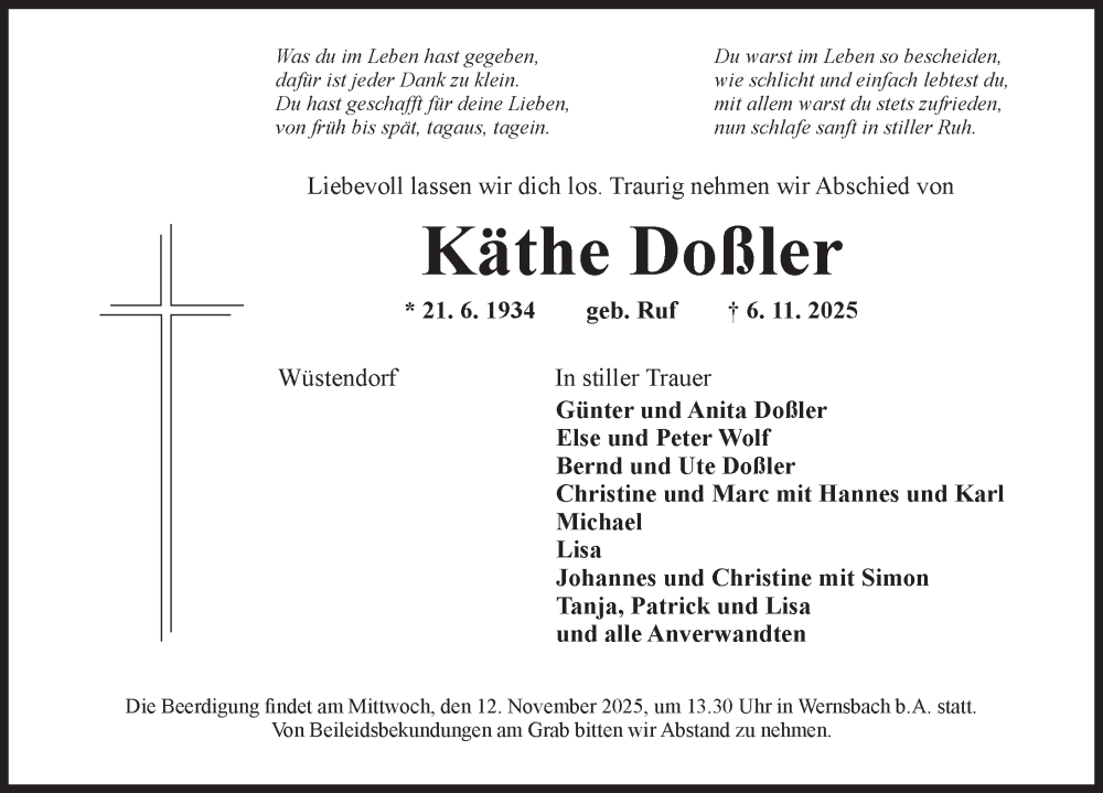  Traueranzeige für Käthe Doßler vom 10.11.2025 aus Ansbach