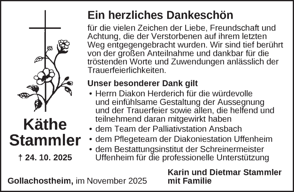  Traueranzeige für Käthe Stammler vom 22.11.2025 aus Neustadt/ Scheinfeld/ Uffenheim