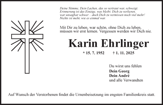 Traueranzeige von Karin Ehrlinger von Neustadt/ Scheinfeld/ Uffenheim