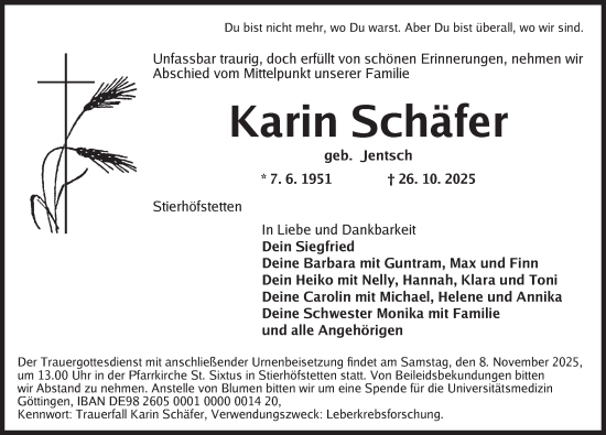 Traueranzeige von Karin Schäfer von Neustadt/ Scheinfeld/ Uffenheim