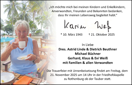 Traueranzeige von Karin Weiß von Rothenburg