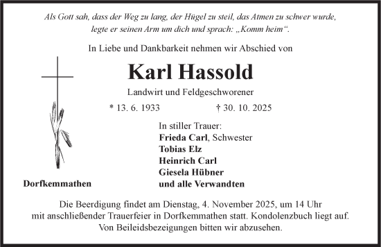 Traueranzeige von Karl Hassold von Dinkelsbühl/ Feuchtwangen