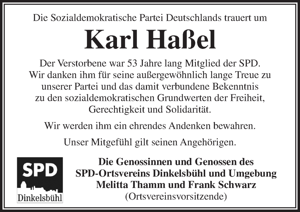  Traueranzeige für Karl Haßel vom 13.11.2025 aus Dinkelsbühl/ Feuchtwangen