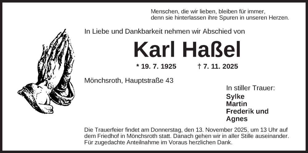  Traueranzeige für Karl Haßel vom 12.11.2025 aus Dinkelsbühl/ Feuchtwangen