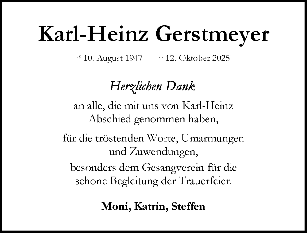  Traueranzeige für Karl-Heinz Gerstmeyer vom 15.11.2025 aus Rothenburg