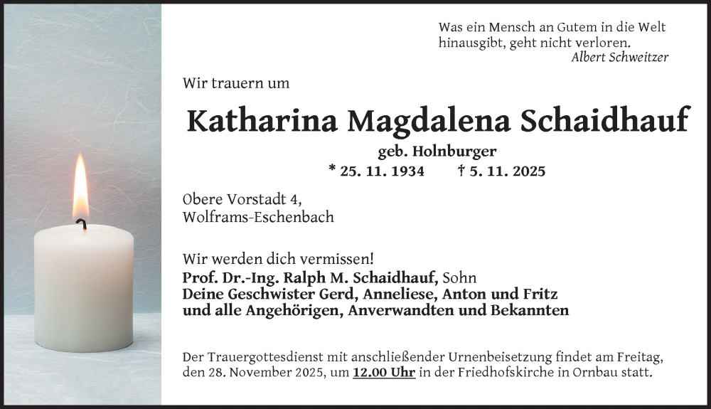  Traueranzeige für Katharina Magdalena Schaidhauf vom 22.11.2025 aus Ansbach