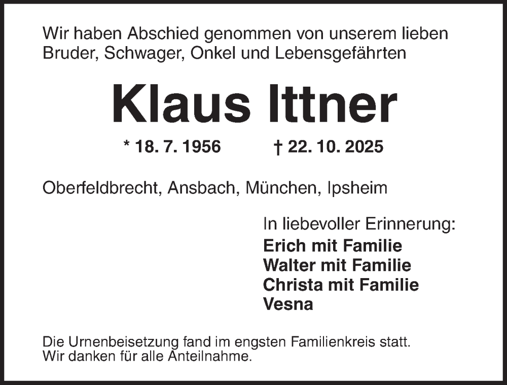  Traueranzeige für Klaus Ittner vom 24.11.2025 aus Neustadt/ Scheinfeld/ Uffenheim