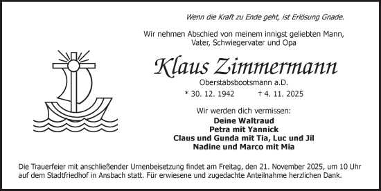 Traueranzeige von Klaus Zimmermann von Ansbach