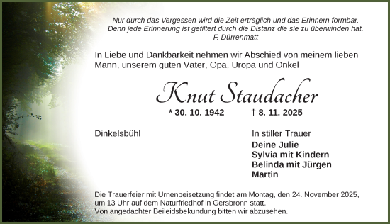 Traueranzeige von Knut Staudacher von Dinkelsbühl/ Feuchtwangen