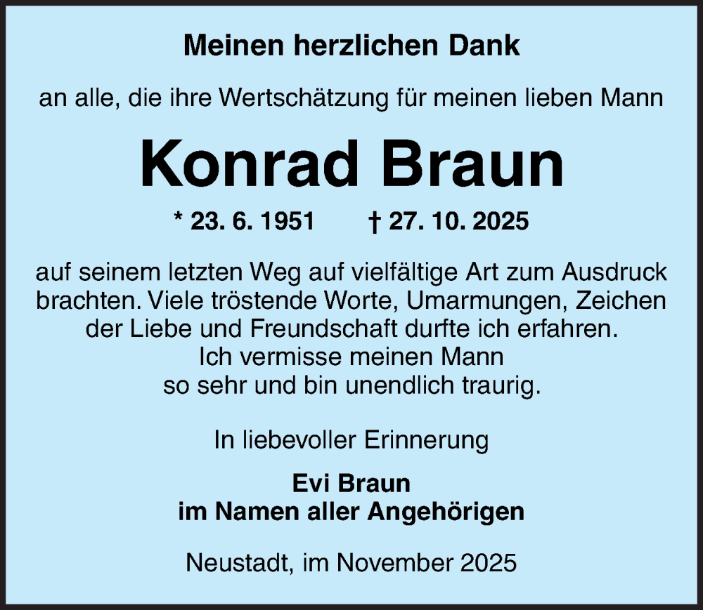  Traueranzeige für Konrad Braun vom 29.11.2025 aus Neustadt/ Scheinfeld/ Uffenheim