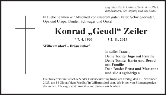 Traueranzeige von Konrad Zeiler von Neustadt/ Scheinfeld/ Uffenheim