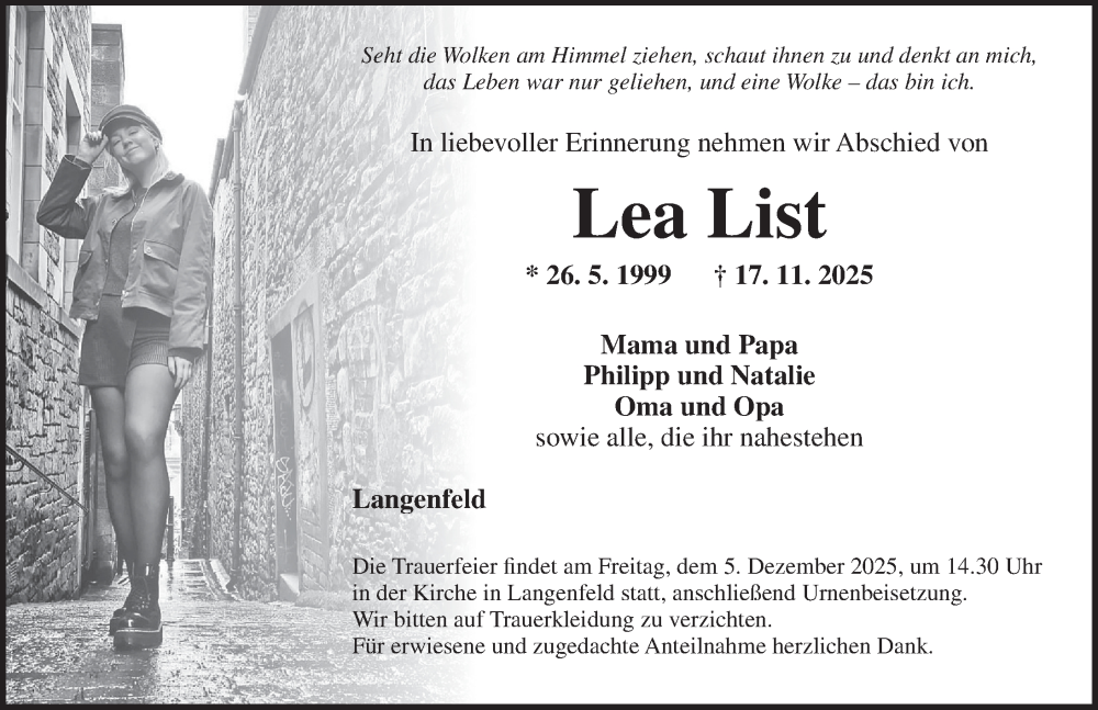  Traueranzeige für Lea List vom 29.11.2025 aus Neustadt/ Scheinfeld/ Uffenheim