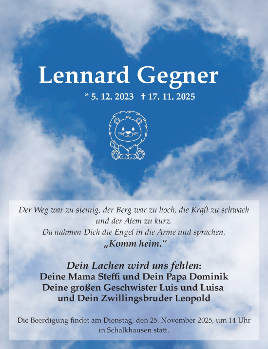 Traueranzeige von Lennard Gegner von Ansbach