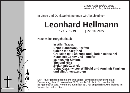 Traueranzeige von Leonhard Hellmann von Ansbach