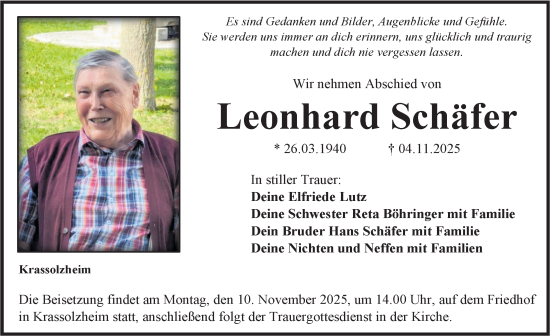 Traueranzeige von Leonhard Schäfer von Neustadt/ Scheinfeld/ Uffenheim