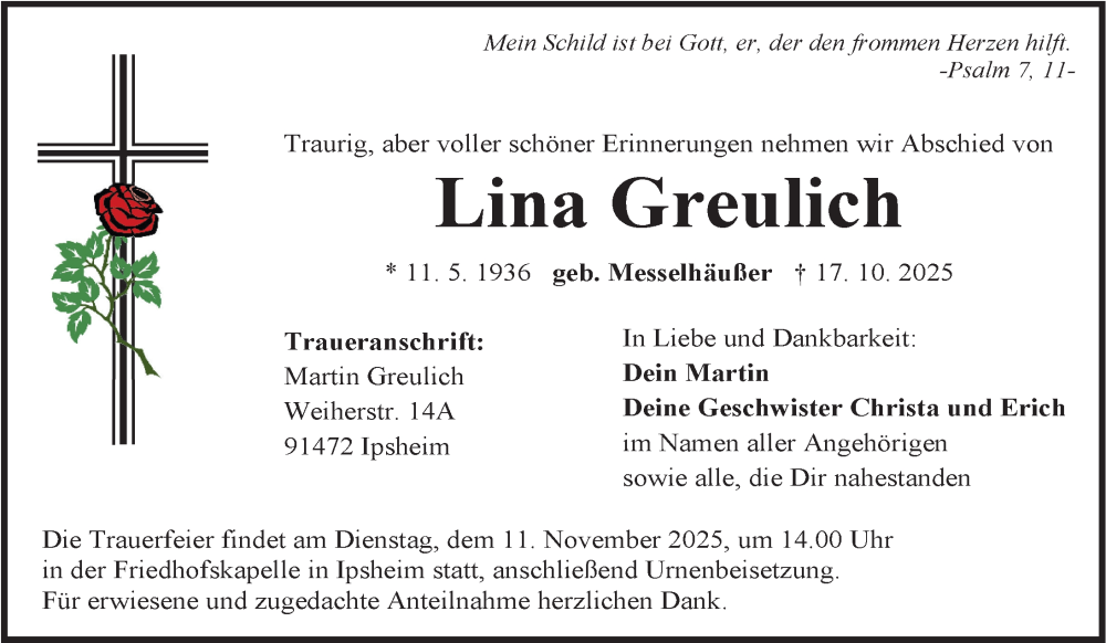  Traueranzeige für Lina Greulich vom 07.11.2025 aus Neustadt/ Scheinfeld/ Uffenheim