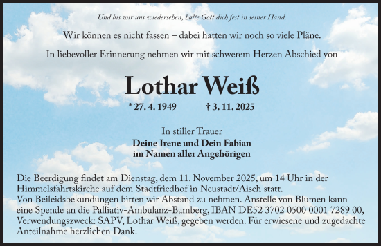 Traueranzeige von Lothar Weiß von Neustadt/ Scheinfeld/ Uffenheim