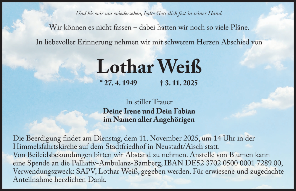  Traueranzeige für Lothar Weiß vom 06.11.2025 aus Neustadt/ Scheinfeld/ Uffenheim