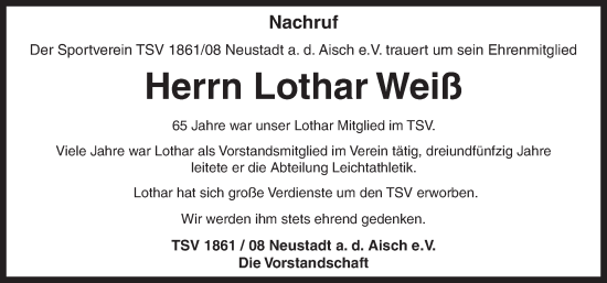 Traueranzeige von Lothar Weiß von Neustadt/ Scheinfeld/ Uffenheim