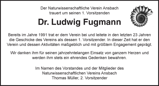 Traueranzeige von Ludwig Fugmann von Ansbach