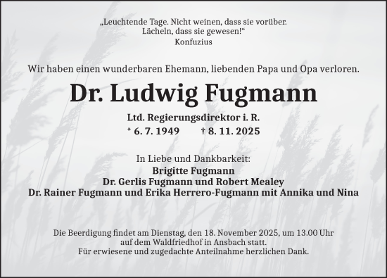 Traueranzeige von Ludwig Fugmann von Ansbach
