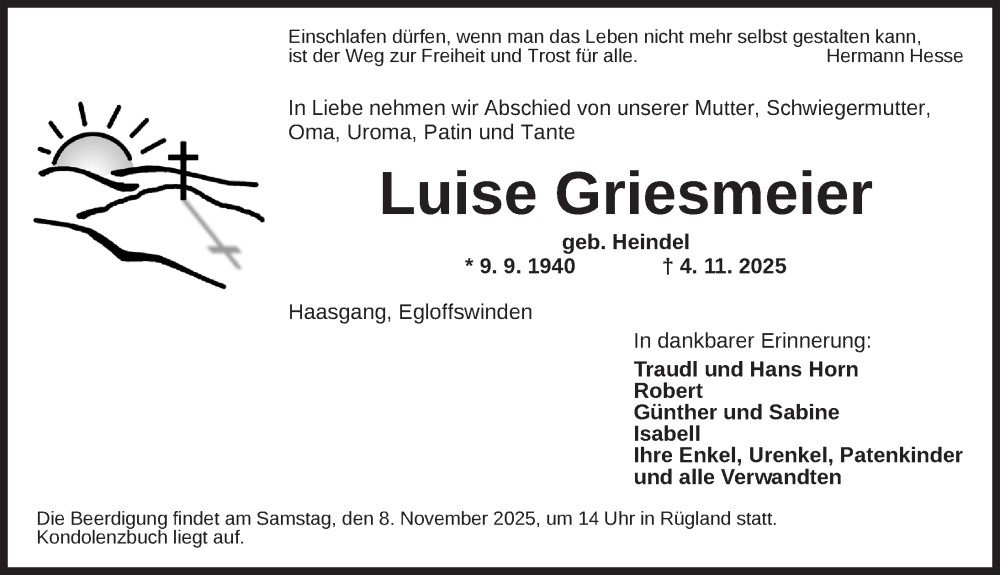  Traueranzeige für Luise Griesmeier vom 07.11.2025 aus Ansbach