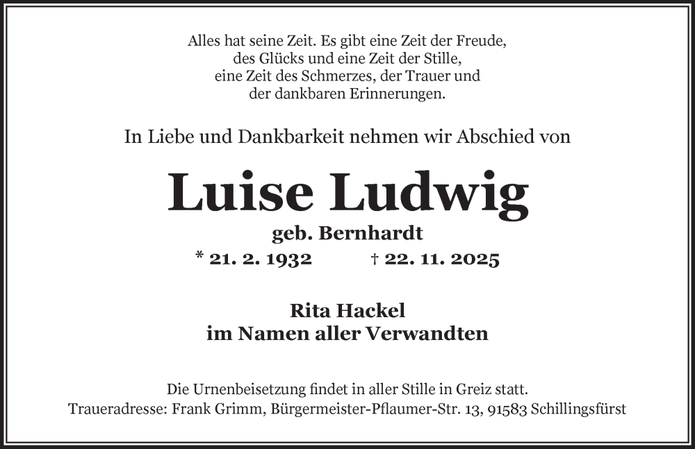  Traueranzeige für Luise Ludwig vom 29.11.2025 aus Rothenburg