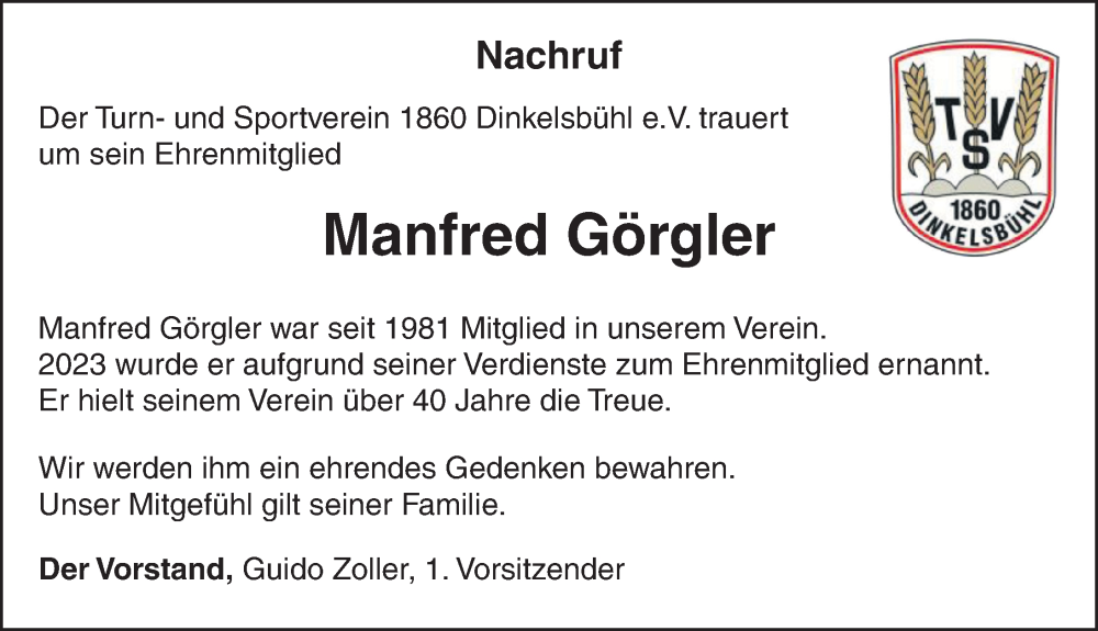  Traueranzeige für Manfred Görgler vom 06.11.2025 aus Dinkelsbühl/ Feuchtwangen