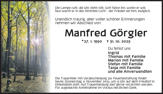 Traueranzeige von Manfred Görgler von Dinkelsbühl/ Feuchtwangen