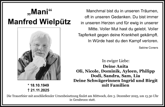 Traueranzeige von Manfred Wielpütz von Dinkelsbühl/ Feuchtwangen