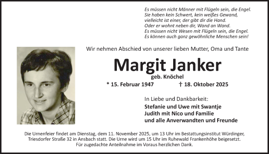 Traueranzeige von Margit Janker von Ansbach