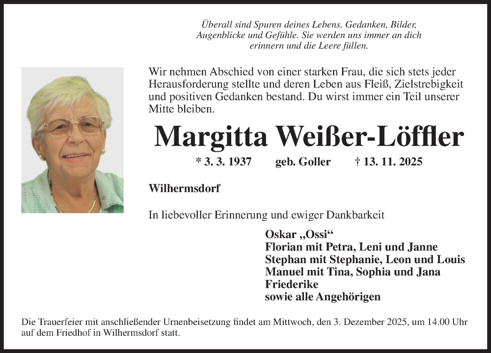  Traueranzeige für Margitta Weißer-Löffler vom 26.11.2025 aus Neustadt/ Scheinfeld/ Uffenheim