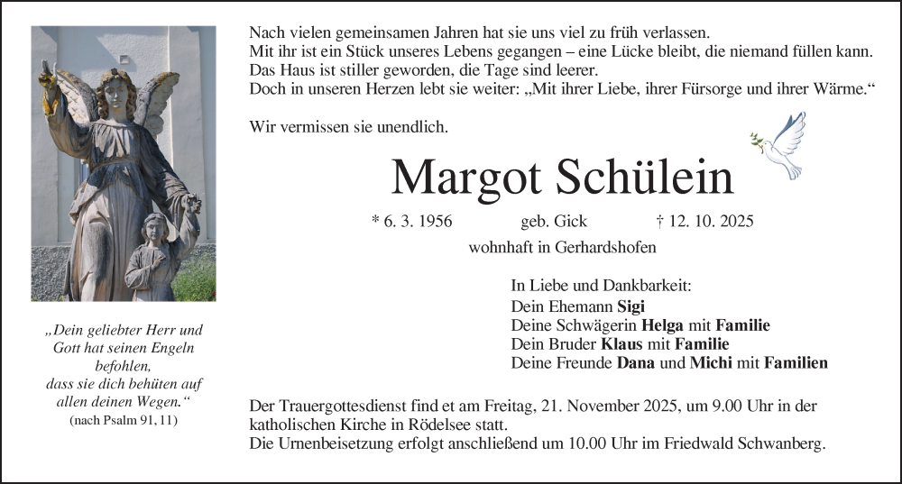  Traueranzeige für Margot Schülein vom 12.11.2025 aus Neustadt/ Scheinfeld/ Uffenheim