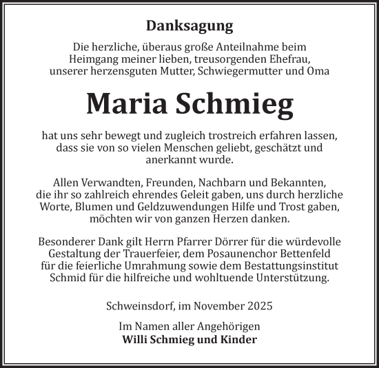 Traueranzeige von Maria Schmieg von Rothenburg