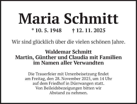 Traueranzeige von Maria Schmitt von Dinkelsbühl/ Feuchtwangen