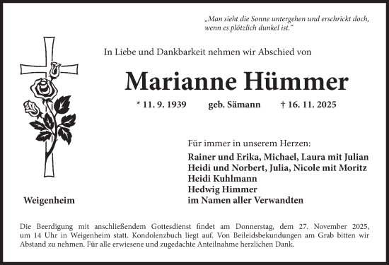 Traueranzeige von Marianne Hümmer von Neustadt/ Scheinfeld/ Uffenheim
