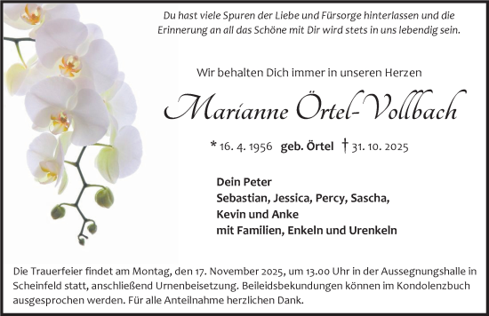 Traueranzeige von Marianne Örtel-Vollbach von Neustadt/ Scheinfeld/ Uffenheim