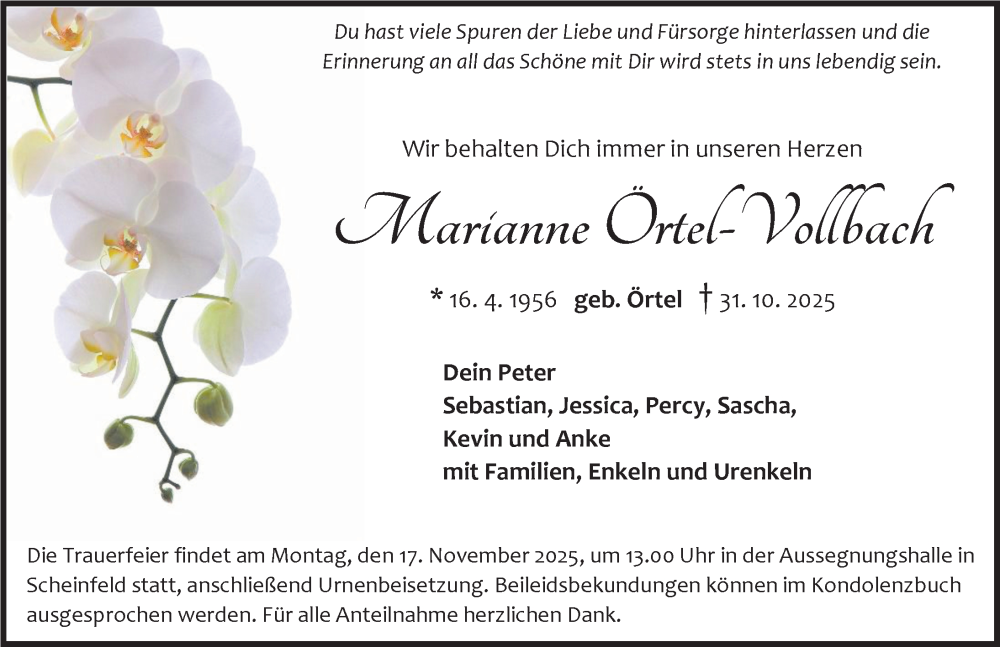  Traueranzeige für Marianne Örtel-Vollbach vom 12.11.2025 aus Neustadt/ Scheinfeld/ Uffenheim