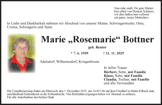 Traueranzeige von Marie Rosemarie Bottner von Neustadt/ Scheinfeld/ Uffenheim