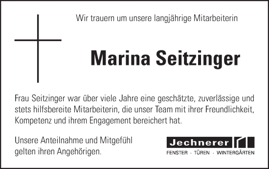 Traueranzeige von Marina Seitzinger von Ansbach