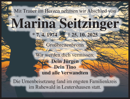 Traueranzeige von Marina Seitzinger von Ansbach