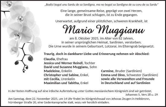 Traueranzeige von Mario Muggianu von Ansbach