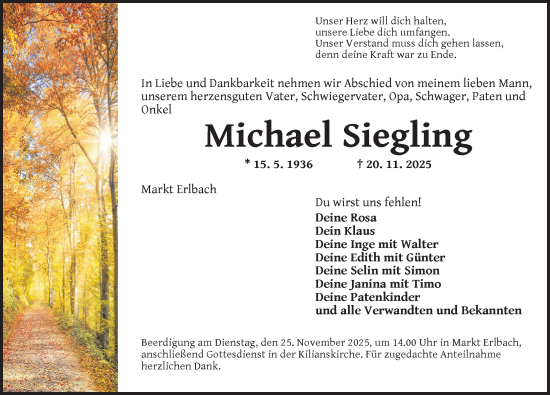 Traueranzeige von Michael Siegling von Neustadt/ Scheinfeld/ Uffenheim