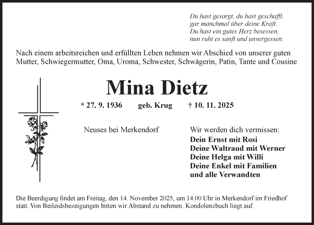  Traueranzeige für Mina Dietz vom 12.11.2025 aus Ansbach
