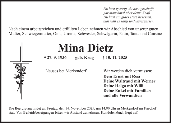 Traueranzeige von Mina Dietz von Ansbach