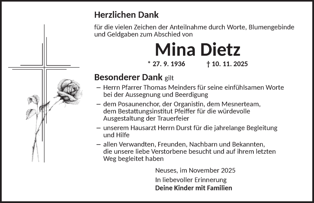  Traueranzeige für Mina Dietz vom 29.11.2025 aus Ansbach
